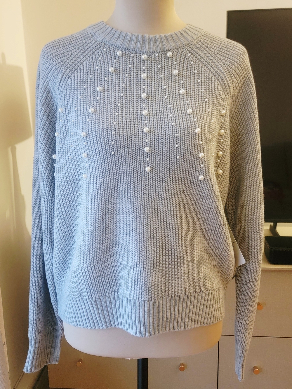 FRENCH CONNECTION Gray Pearl Embellished Knit Sweater - Size S NWT